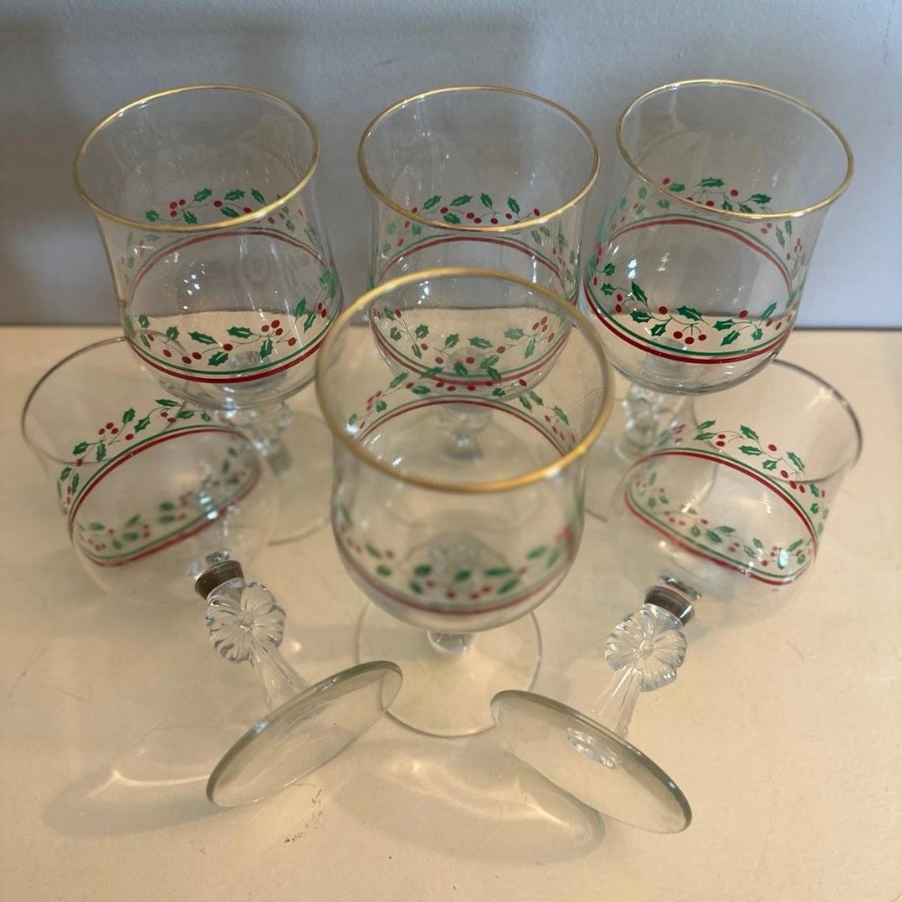 6pc Vintage LIBBEY Christmas Holly Berry Goblets Water Drinking Glasses Stemware
